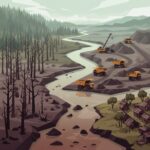 Nickel mining environmental impact: illustration of deforestation, water pollution, heavy machinery, and an impacted village.