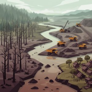Nickel mining environmental impact: illustration of deforestation, water pollution, heavy machinery, and an impacted village.